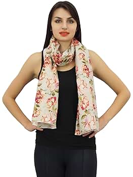 Phagun Off White Floral Print Long Stole Scarf 100% Cotton