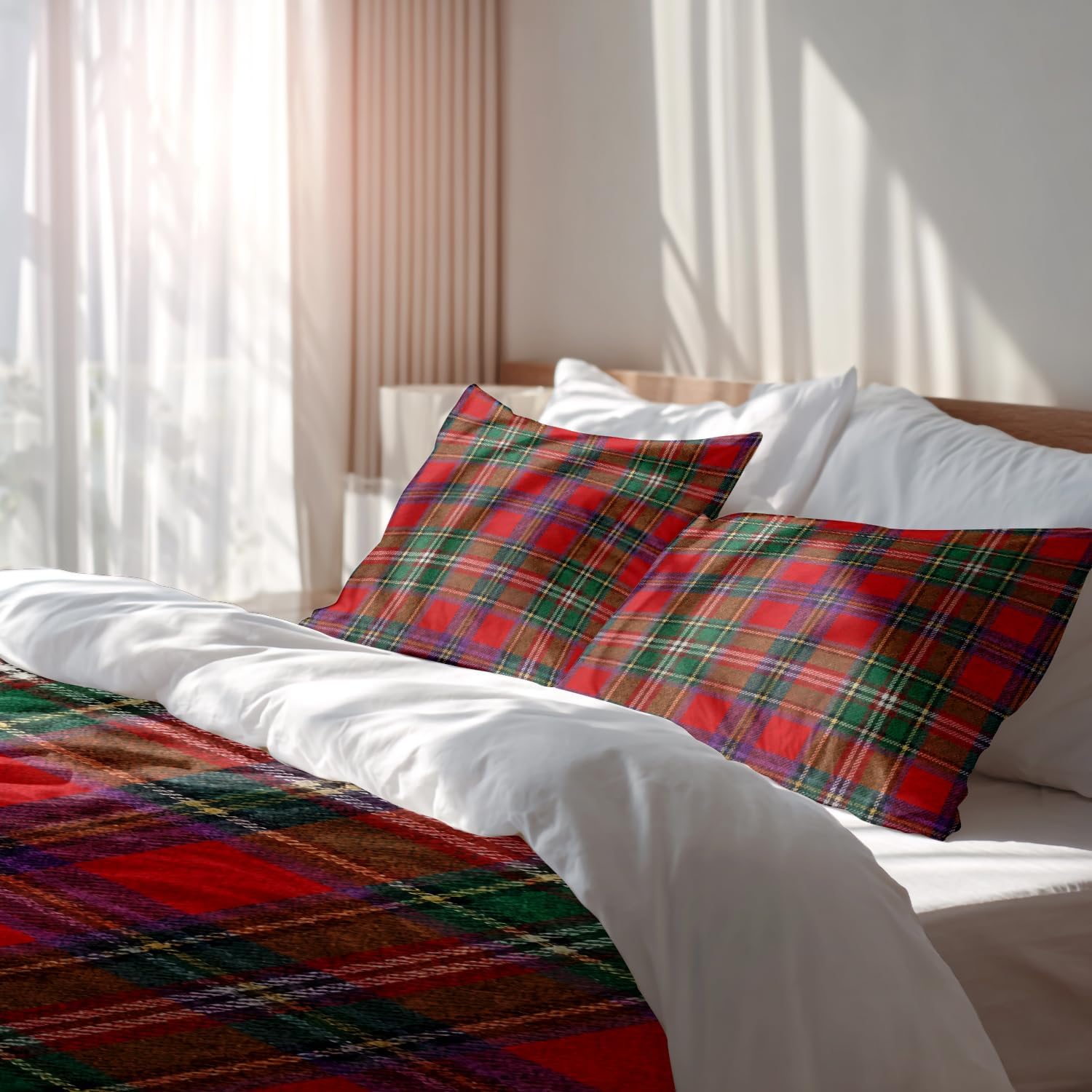 Batmerry Red Checkered Queen Size 3 Pieces Bedding Duvet Cover Sets,Soft Fluffy Clan Stewart Scottish Royal Red Tartan Plaid Pattern Printed Duvet Cover for All Season