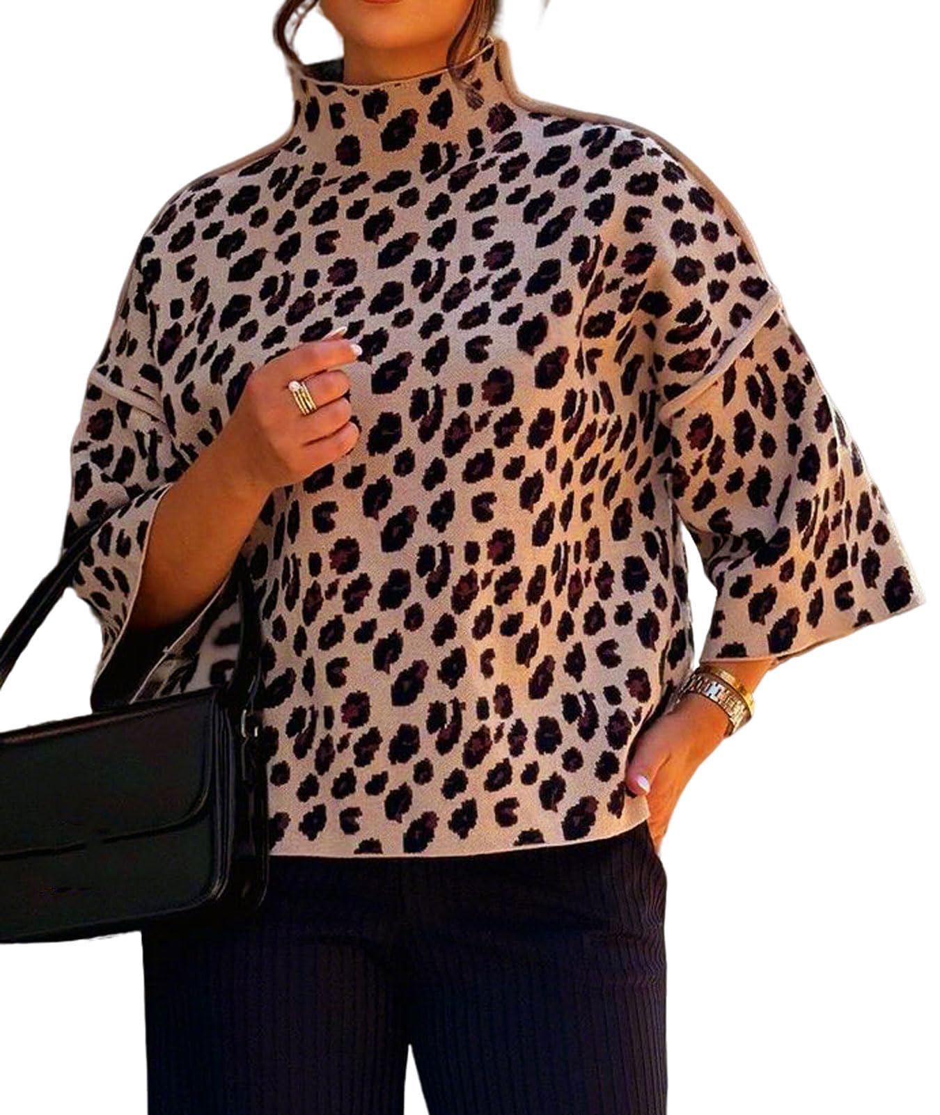utcoco Womens Leopard Print Sweater Mock Neck 3 4 Bell Sleeve Pullover Loose Fall Winter Knit Top