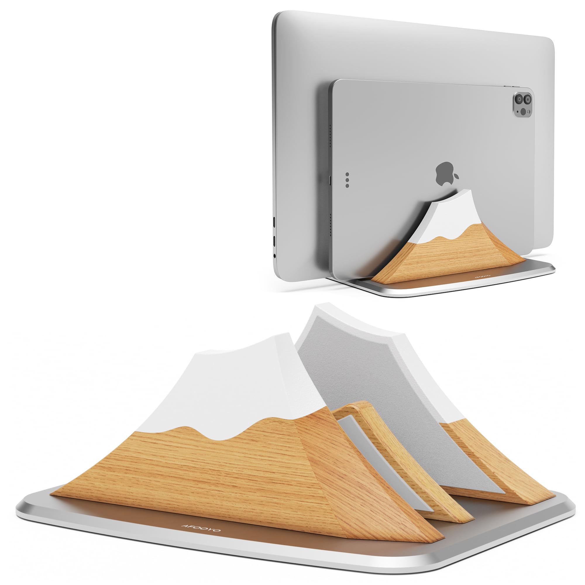 AFOOYO Vertikaler Dual-Laptop-Ständer – Schneeschirm-Form, verstellbarer Laptop-Halter, 2 Steckplätze, Desktop-Dock, kompatibel mit allen MacBook, Surface, Chromebook, Dell und mehr (Buchenholz)