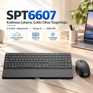Philips SPT6607 Kablosuz Türkçe Q Klavye Mouse Seti, 2.4GHz + Bluetooth, 3200 DPI, 110 Tuş, Çıkarılabilir Bilek Desteği, 3 Cihaza Kadar Bağlantı, Siyah