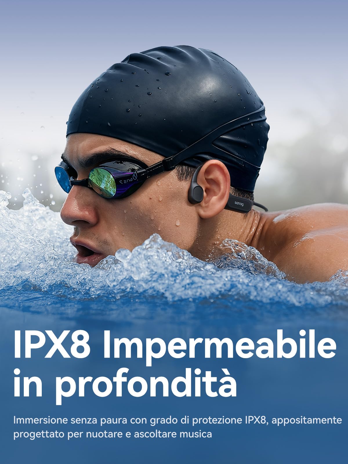 SANAG B33S Cuffie Conduzione Ossea Nuoto, Cuffie Subacquee per Piscina IPX8 Impermeabili con Wireless Bluetooth, Microfono, Lettore MP3 da 32G, 8 Ore di Riproduzione, Auricolari Nuoto Musica, Nero