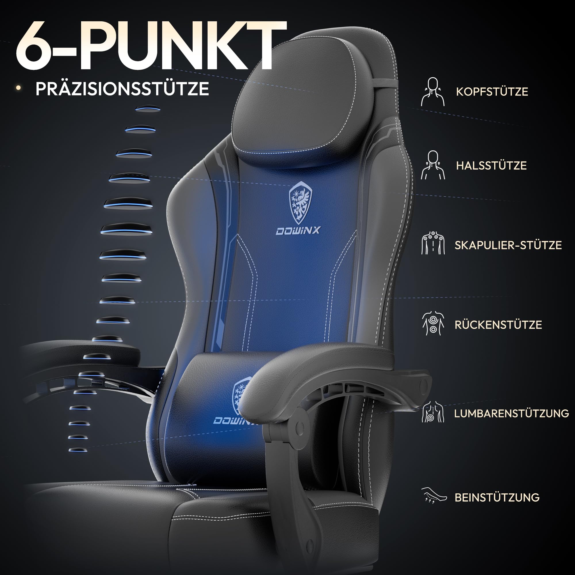 Dowinx - Sedia per il gaming, con cuscino, ergonomica, dotata di supporto lombare, in pelle sintetica PU, schienale largo, 150 kg, colore grigio