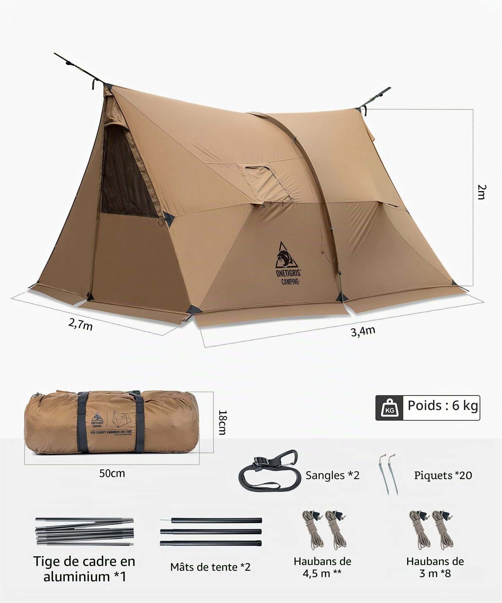 OneTigris ASH Canopy Tente de camping 2 à 4 personnes étanche 3000 mm Coupe-vent Grande tente chaude pour l'hiver Hamac Tente d'extérieur Tente de voiture Petite taille une fois pliée