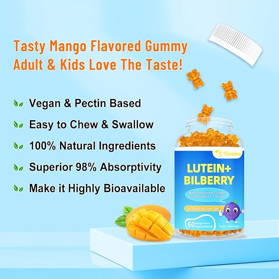 20mg Lutein & Zeaxanthin Gummies with Bilberry, Astaxanthin, Omega 3, Vitamin C, E - Sugar Free Eye Health Supplement for Adults & Kids - Dry Eye Relief, Vision Clarity, Macular Support