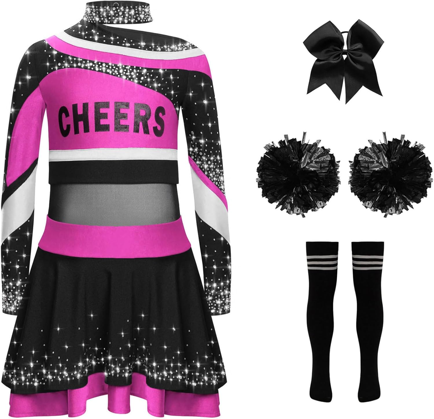 Kids Girls Cheer Leader Uniform Cheerleading Outfit Halloween Cheer Dance Top Skirt Set with Pom Poms Hot Pink Black 12 Years
