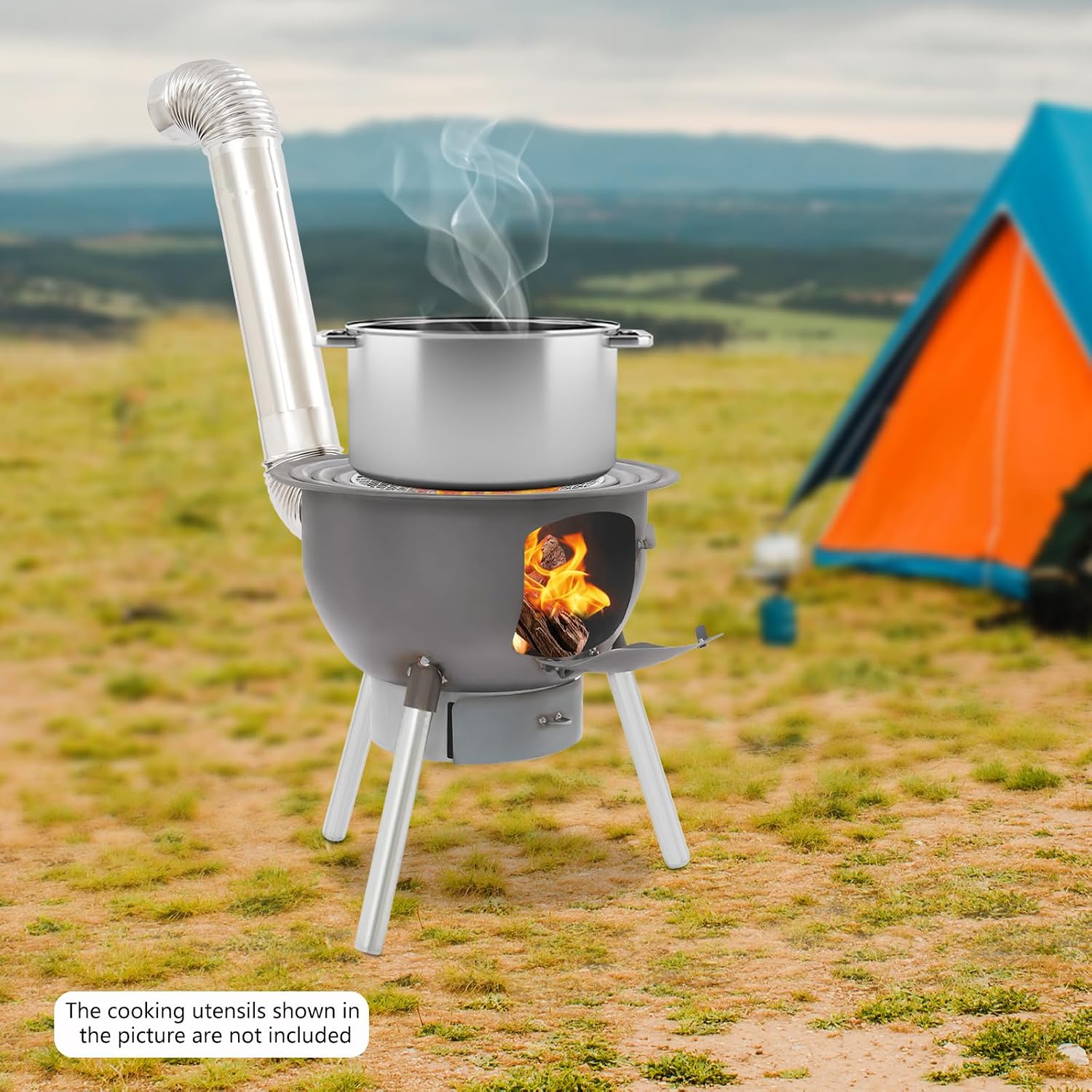 Multifunctional Wood Burning Grill, Large Portable Charcoal Grill,3 Wok Rings, 3-6 People, Portable Wood Stove for Camping/Yard/Kitchen/Outdoor