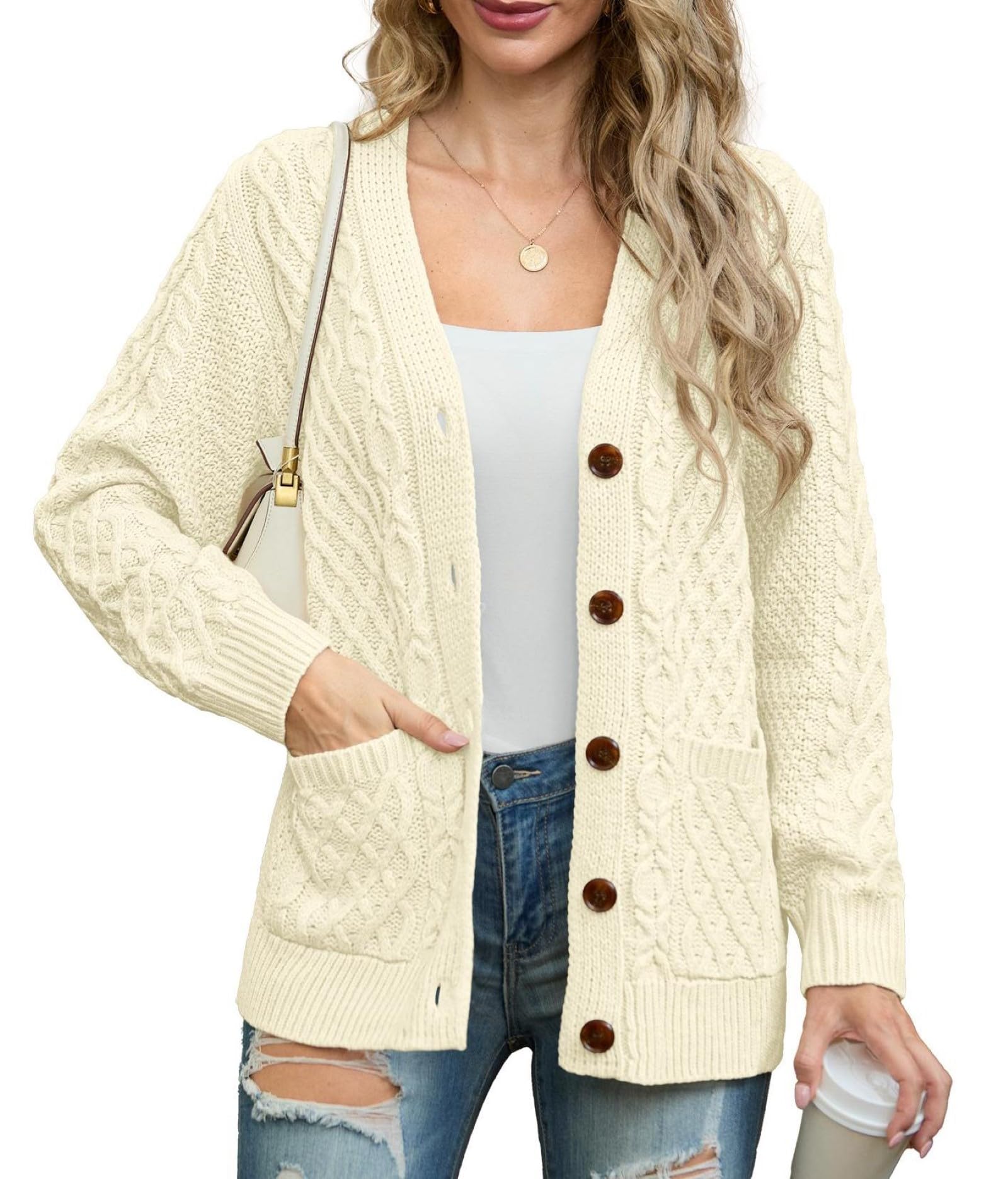 GRECERELLE Cardigan en tricot Aran à manches longues boutonné surdimensionné pour femme avec poches pour l'hiver, l'automne et le printemps