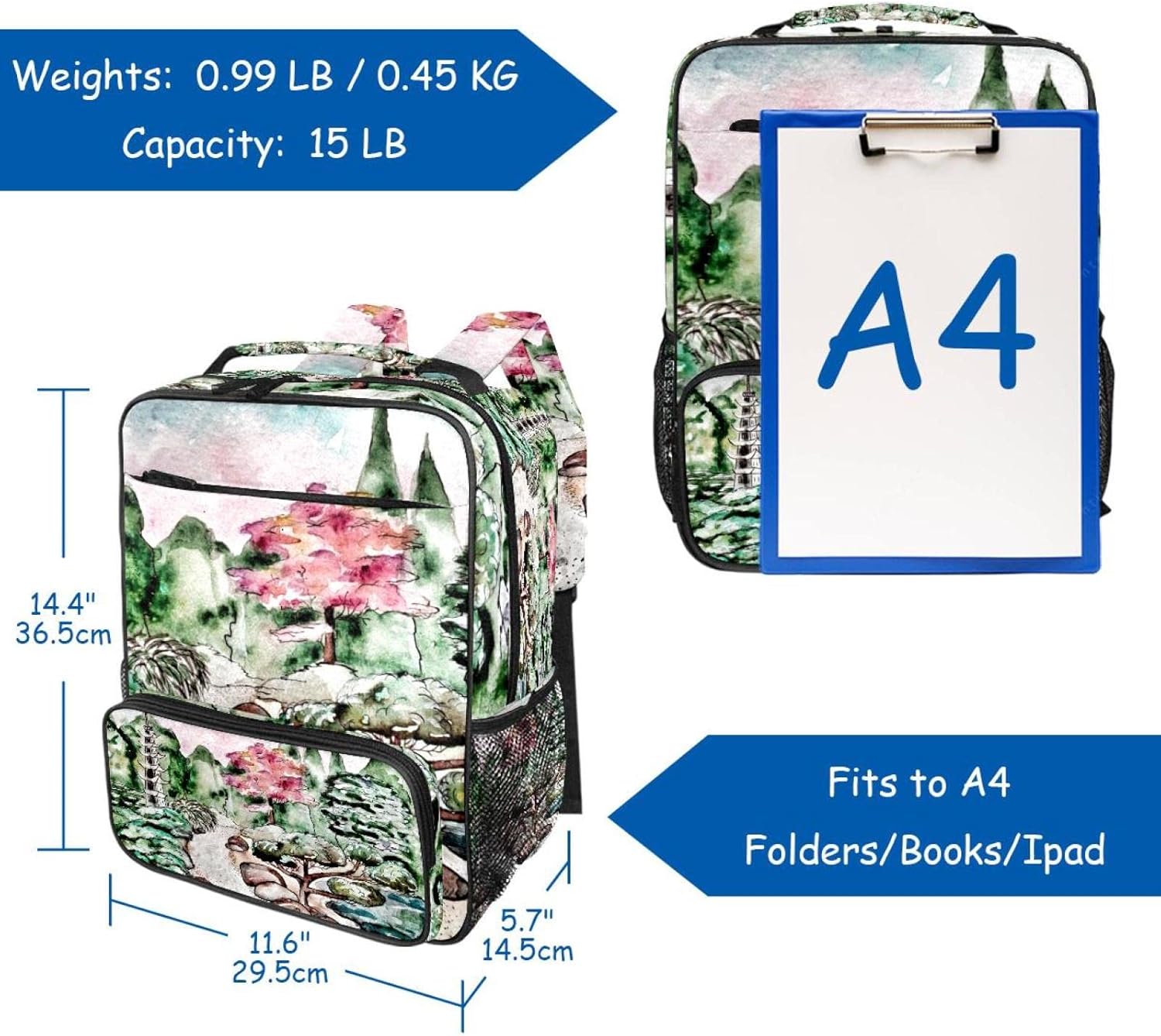 [suojapuku] キッズバックパック、トラベルバックパック、ガールズボーイズスクールバックパック、水彩の山の木印刷