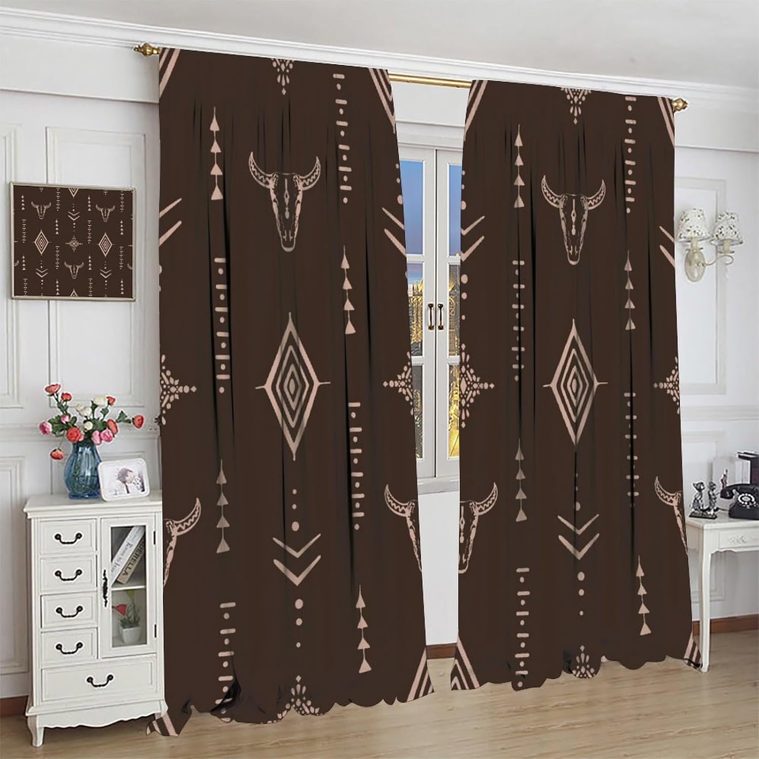 Western Cowboy Blackout Curtains, Boho Southwest Tribal Ethnic Farmhouse Rural County Rustic Retro Bull Skull Art Window Drapes, for Living Room Bedroom 21(W)*45(L) 2 Panels