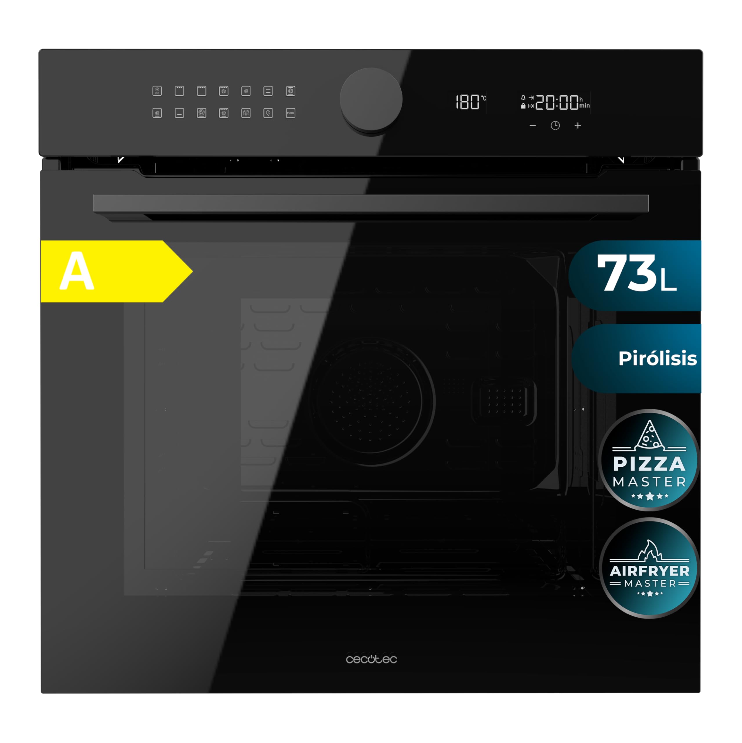 Cecotec Einbau-Backofen Pyrolyse 73L Bolero Hexa P516000 Glass Black. 3250W, 14 Funktionen, Dual Display, Pizza- und Airfryer-Master, Kühlgebläse, Schnellaufheizfunktion, Abtau-Modus, Umluft