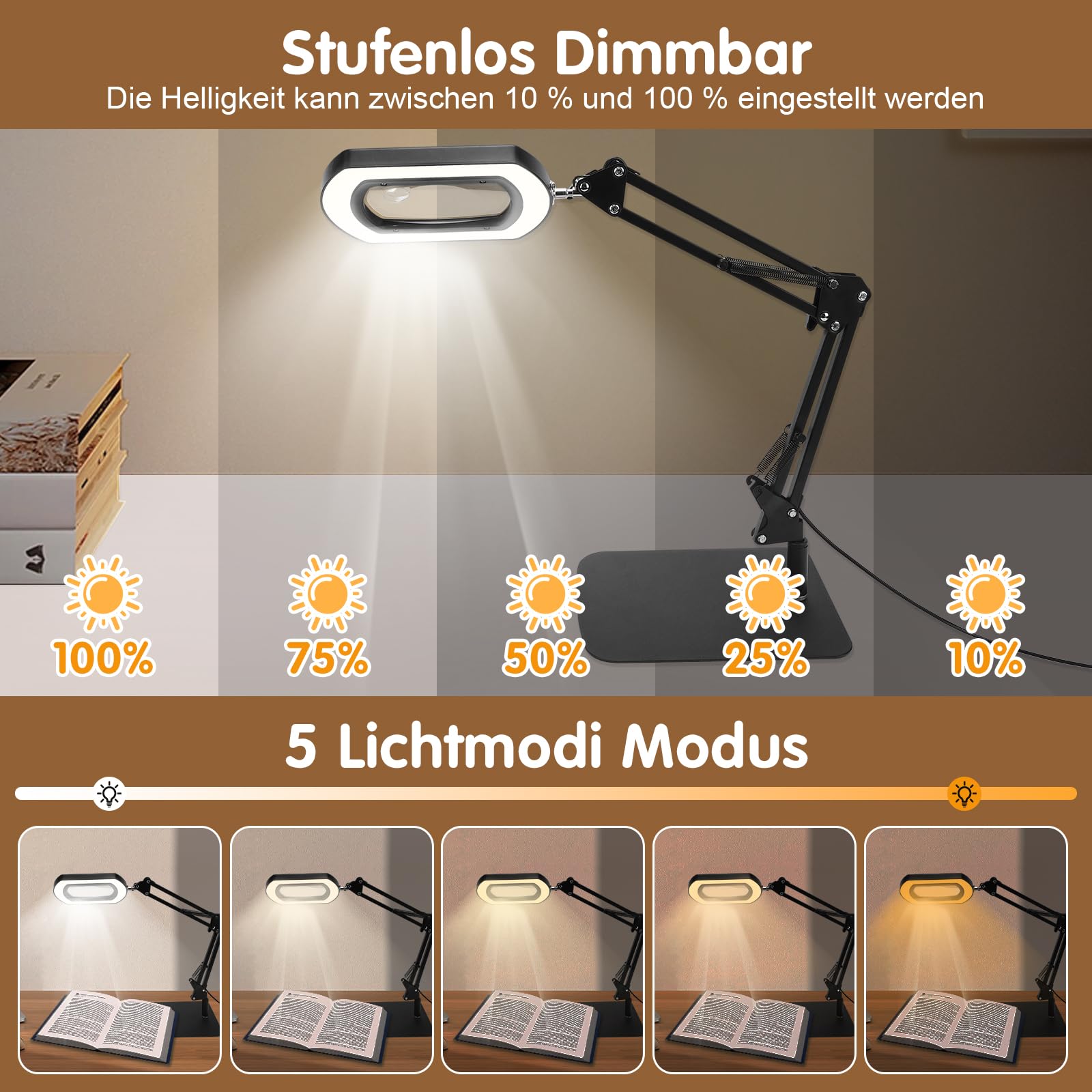 15X 30X Tischlupe mit Licht und Ständer, 5 Farbmodi Stufenlos Dimmbar, 2-in-1 Schreibtischlampe und Klemme, Händefrei Standlupe mit Licht ür Handwerk Hobby Malerei Schließen Arbeit