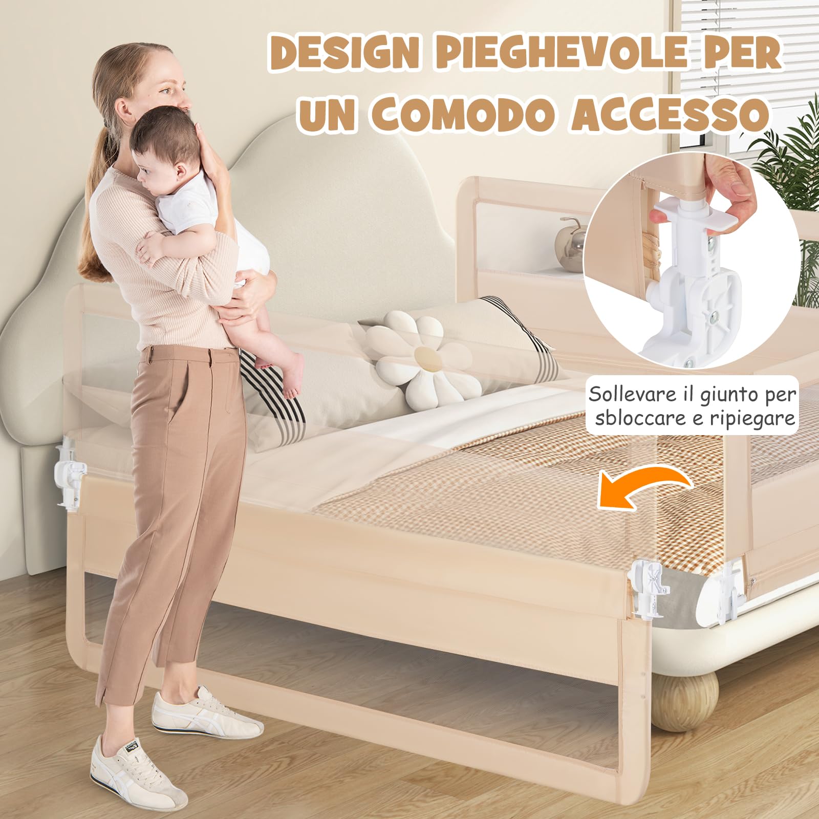 RELAX4LIFE Sponda Letto per Bambini 180cm/150cm, Barriera di Sicurezza, Traspirante e Pieghevole, Sbarra Letto per Letti Singoli e Matrimoniali (180 x 41 x 55 cm,Beige)