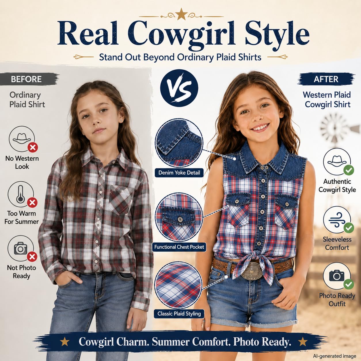 Bienzoe Camiseta corta sin mangas para niñas: blusa informal occidental con botones a cuadros vaquera
