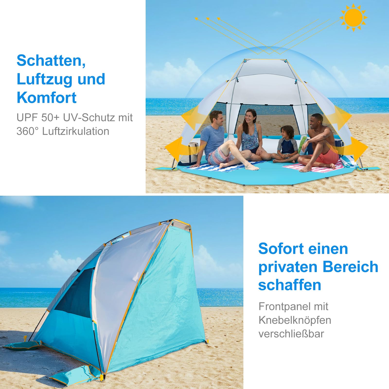 Wolfwise Strandmuschel mit UV-Schutz 50+, 2-3 Personen Strandzelt, Sonnenschutz und Windschutz mit erweiterbarem Boden, Zelt Tragbar für Familie Camping Garten, 210 x115x125 cm (83 x45x49 IN), Blau