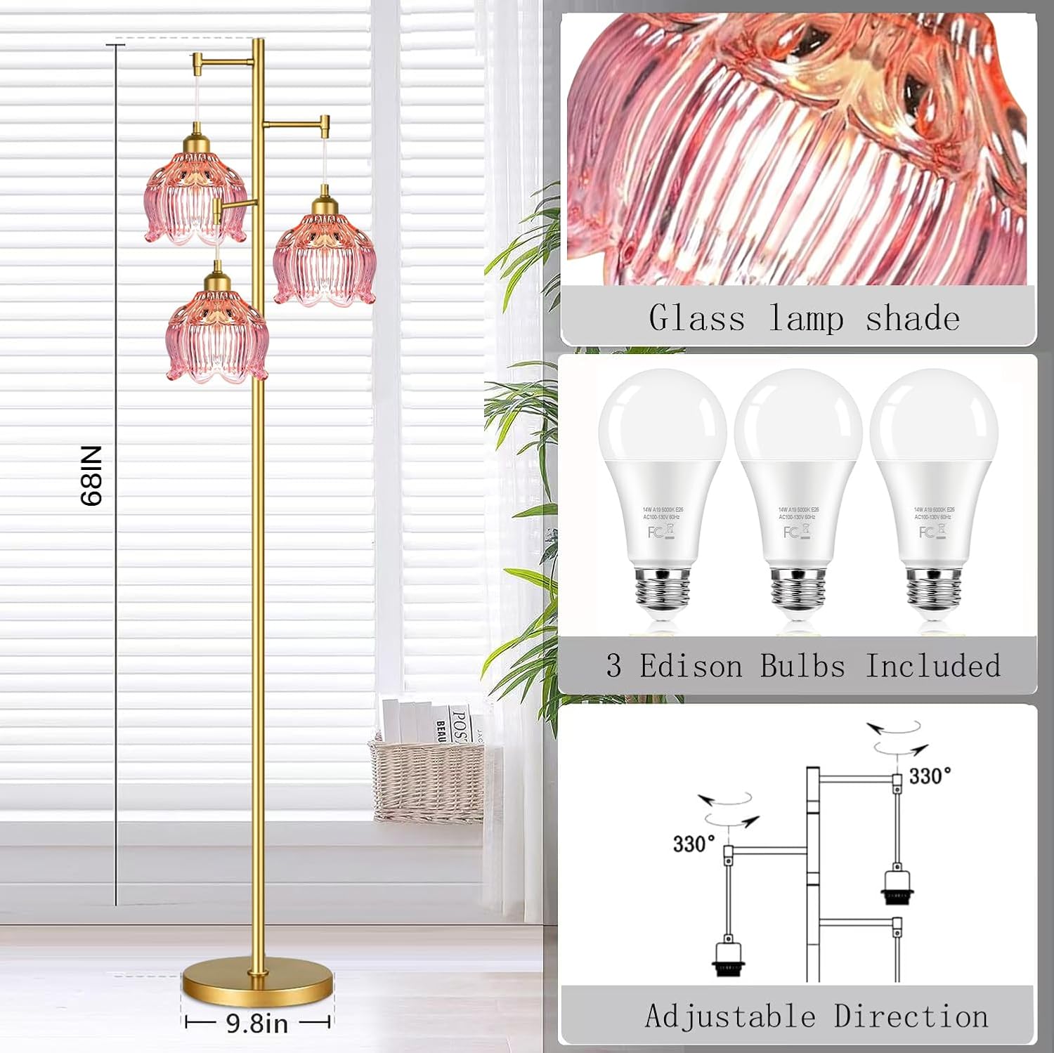 Pink Floor Lamp for Living Room,Bedroom,Gold Mid Century Modern Standing Lamp Brass Tree 3 Light Tall Floor Lamps Retro Floor Lights Glass Flower Lamp Shade Girls Kids Boho Bohemian
