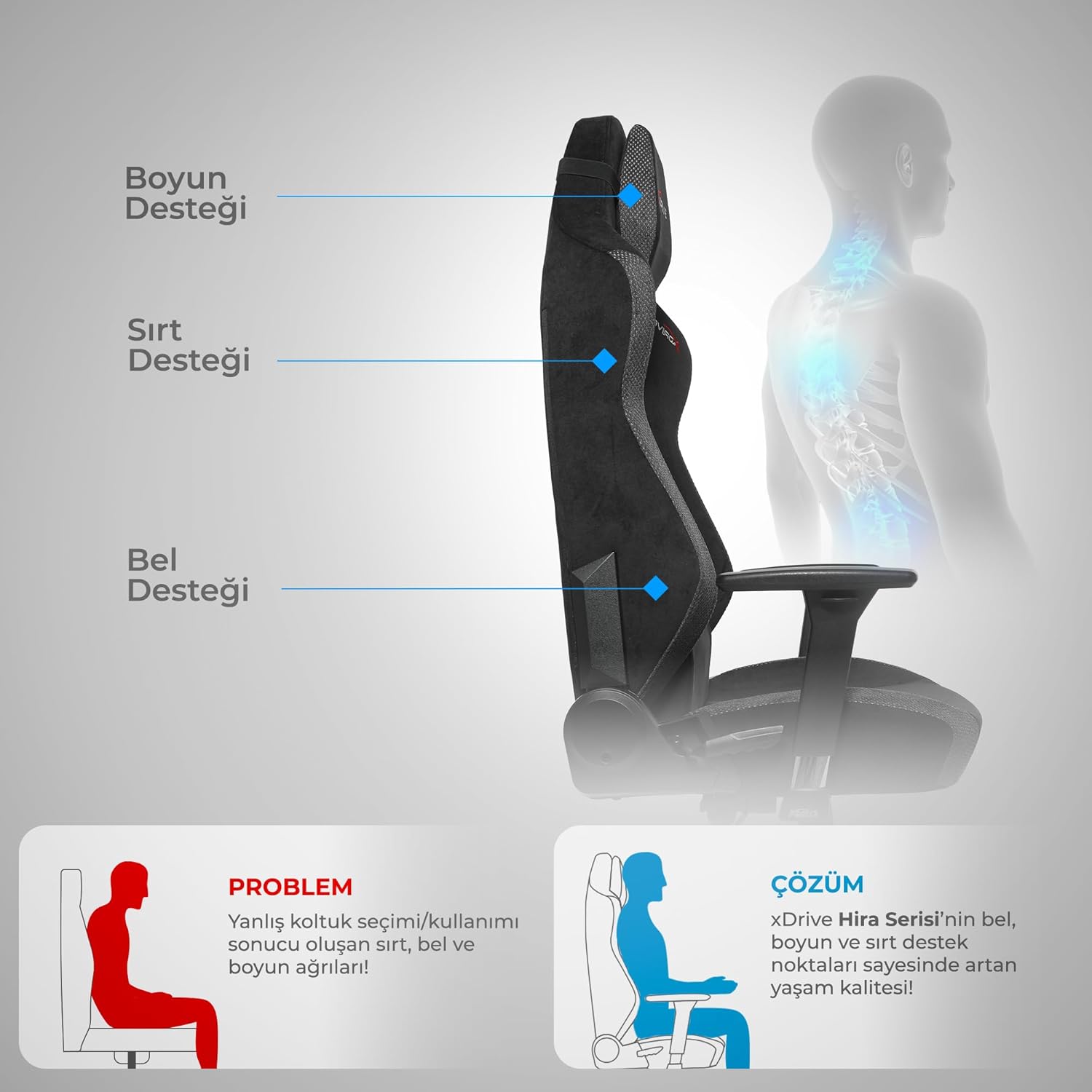 xDrive Hira Profesyonel Oyuncu Koltuğu Gri/siyah