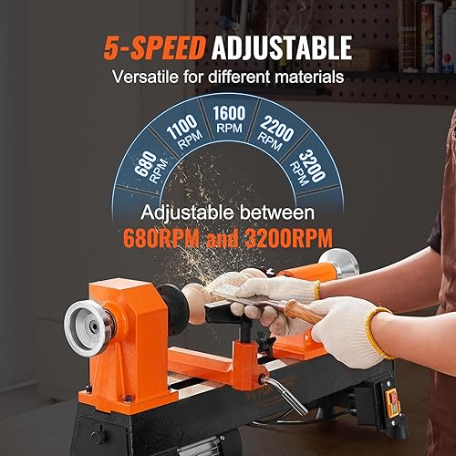 Miniatura 4 de VEVOR Torno de madera de sobremesa, 10 pulgadas x 18 pulgadas, 0.5 HP 370 W, máquina de torneado de madera de potencia de 5 velocidades variables
