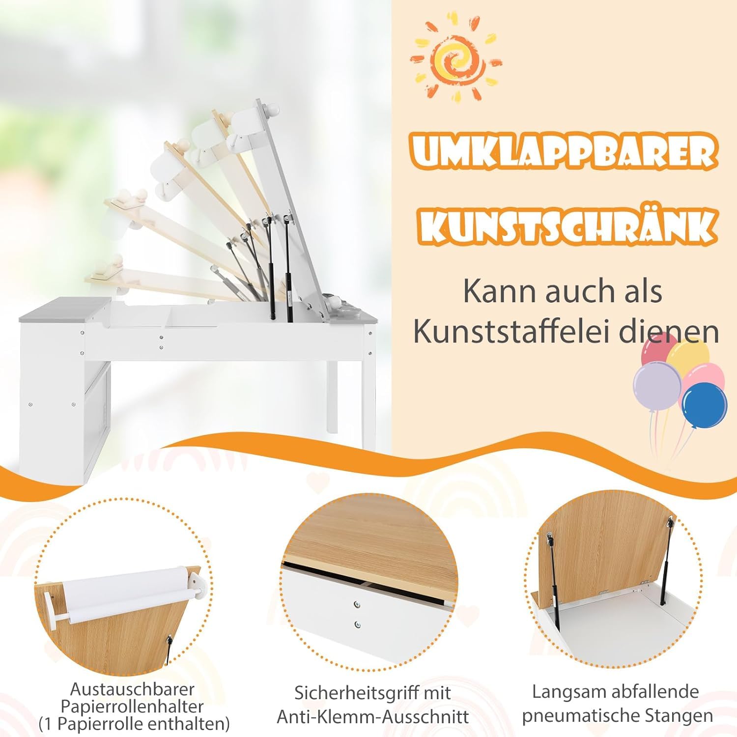 DREAMADE 3 in 1 Kindertisch mit 2 Stühlen aus Holz, Kinder Maltisch mit kippbarer Tischplatte & 6 Stoffboxen & Papierrolle, Kindersitzgruppe mit Stauraum für Kinderzimmer (Natur,mit 2 Ablagen)