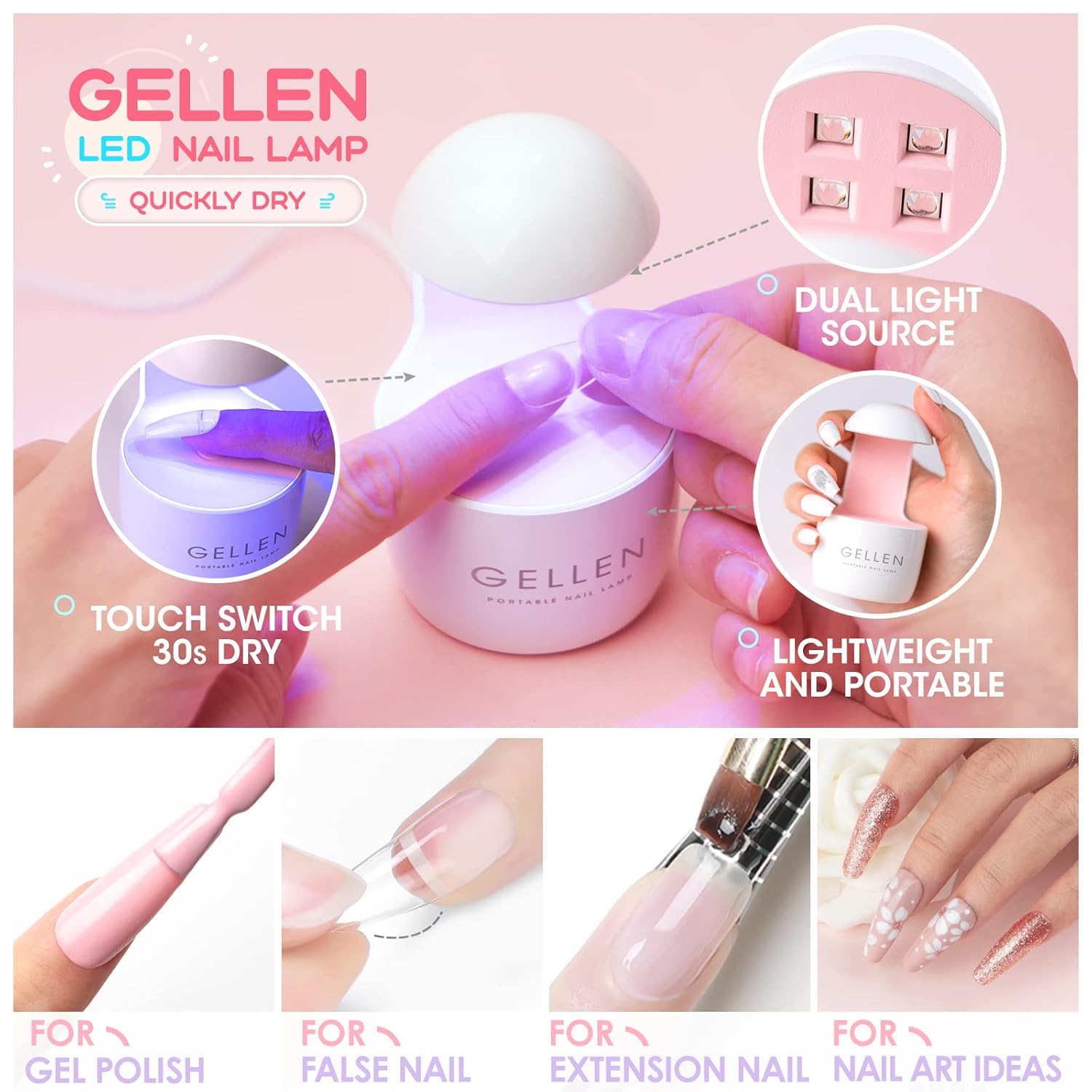 Gellen Nail Tips And Glue Kit - 504Pcs Almond Fake Nails, 3 In 1 Glue Gel, UV Lamp, Home DIY Art Tools, Extension Kit - Valentine's Gifts For Women Girls