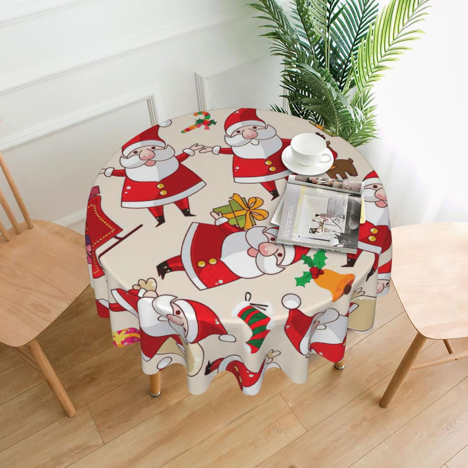 Zcmkjlg Christmas Cartoon Santa Claus Print Quick Ship Round Tablecloth 60in Polyester Washable Cover for Dining Room