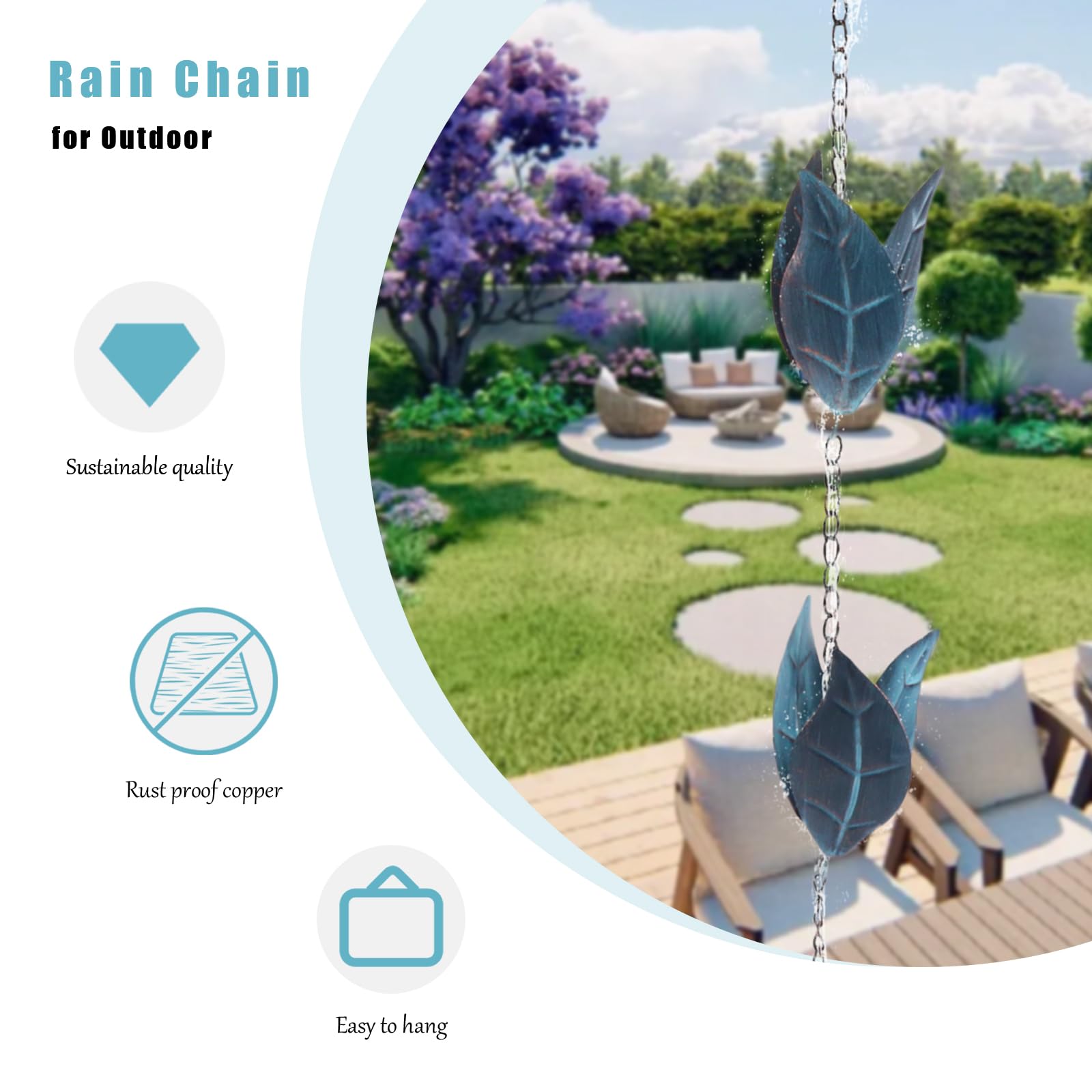 Longzhuo Rain Chain Set, 8.5 Ft Adjustable Leaf Rain Catcher Chain for Gutters, 12 Blue Leaf Cups Coated Rust-Resistant Rain Chains for Gutters, Eaves, Drainage, Divert Water and Home Display