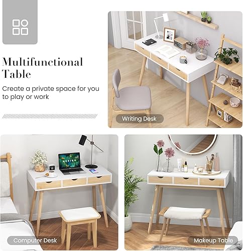 Miniatura 6 de Tangkula Escritorio de mediados de siglo con 3 cajones, escritorio de escritura para oficina en casa, escritorio de estudio para portátil de madera