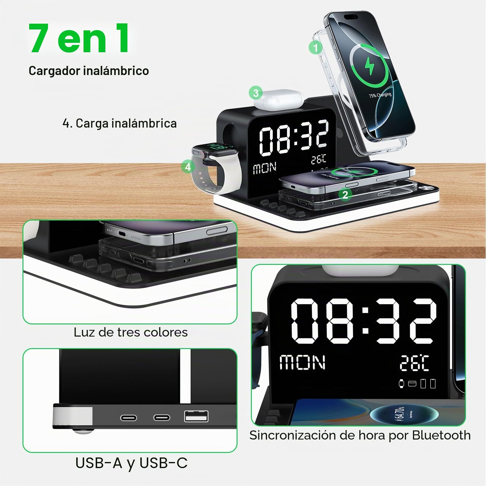 Cargador inalámbrico 7 en 1 con reloj, temperatura y fecha, compatible con iPhone 17/16/15/14/13 Pro Max, AirPods, Apple Watch, compatible con Samsung S25/S24, luz nocturna ajustable, adaptador de 33W