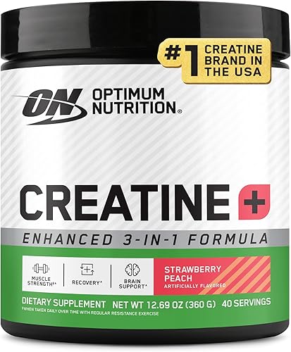 Optimum Nutrition Creatina monohidrato Plus en polvo, mezcla de creatina con sabor a melocotón y fresa, con electrolitos para hidratación, vitaminas