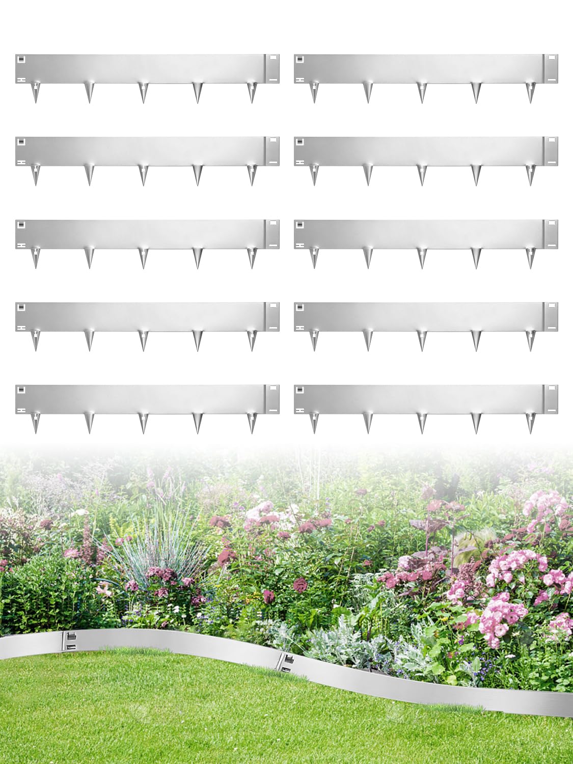 10 Pack Lawn Edging Border,10.75M Length Total,20cm Height,15cm Face Height Flexible Garden Borders Edging,Galvanized Steel Garden Border Edgings for Flower Beds Lawns Pavemen,Silver — image 1
