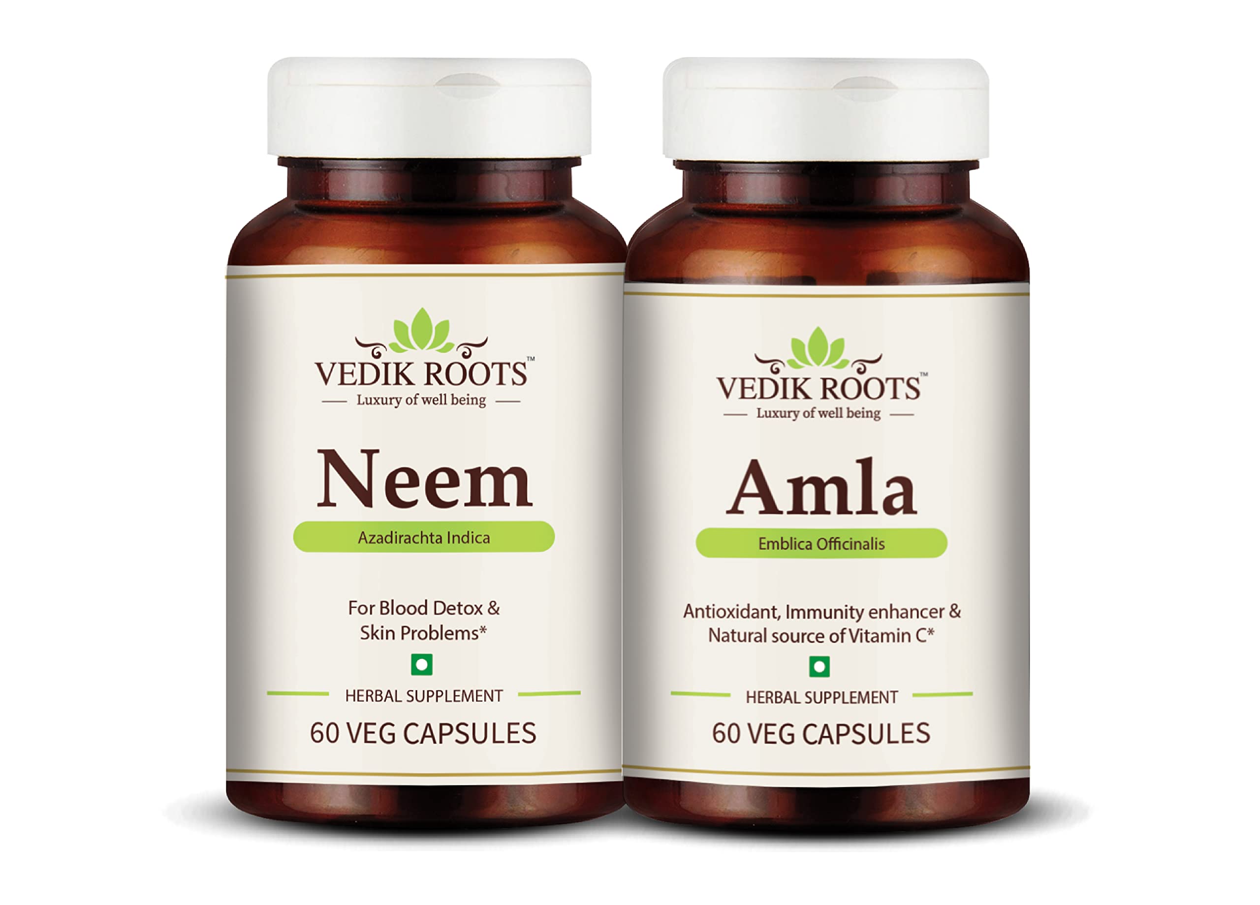 Neem & Amla Ayurvedic Capsules | Blood Purifier Anti Acne | Anti Bacterial & Fungal infections | Liver Detox | Health Booster | Skin Wellness Combo Pack 60 Capsules