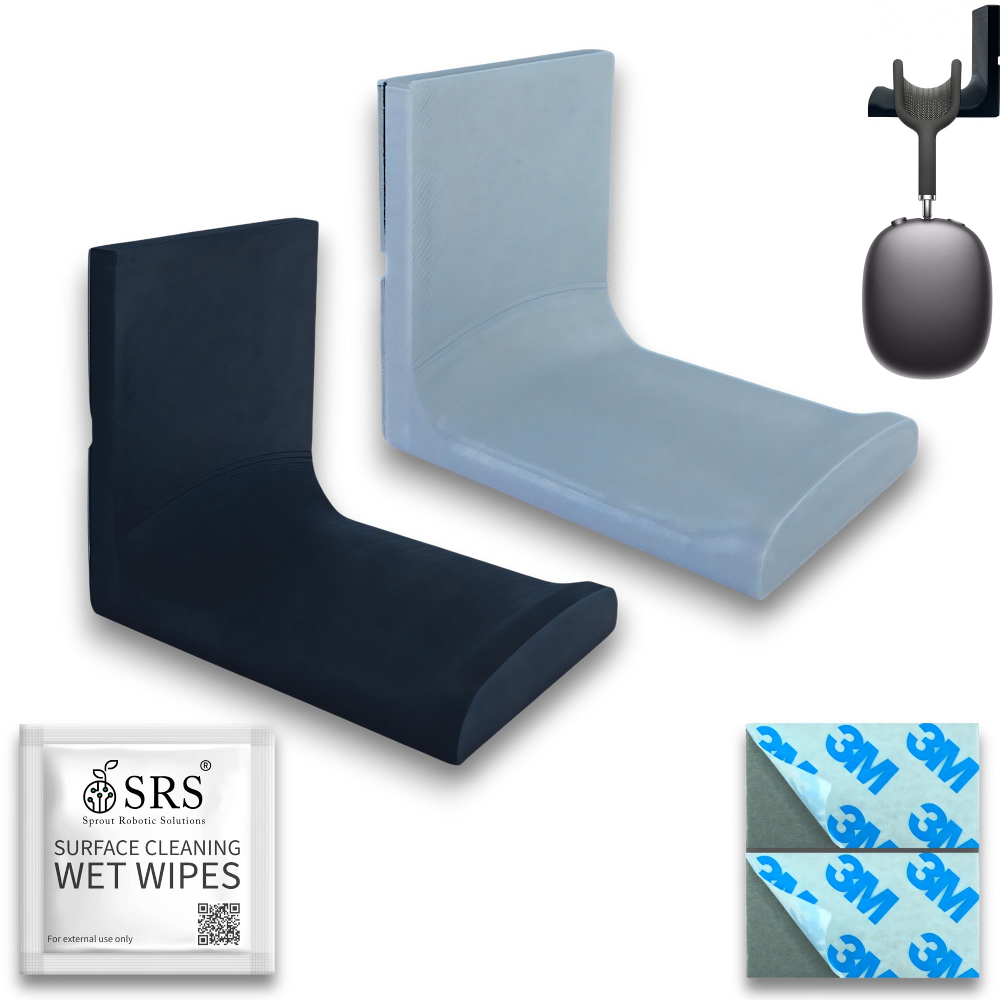 SRS® Table Mount Headphone Stand Holder Under Desk Headphone Hook Hanger Mount with Cable Organizer for All Gaming Headsets Pc Accessories Stick-on Adhesive Holder (Pack of 2, Black & Grey)