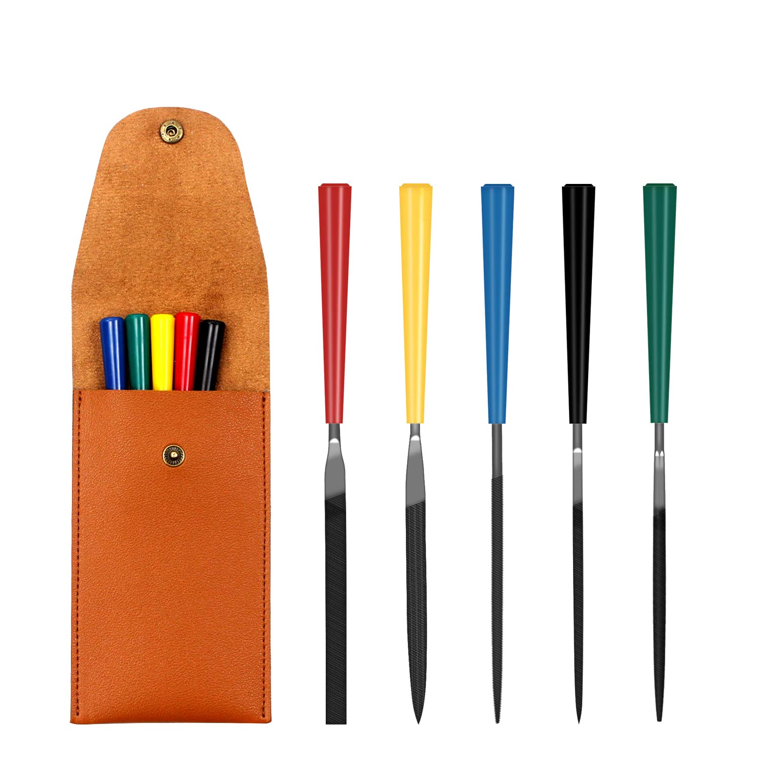 5pcs Mini Needle File Set with Synthetic Leather Case, Includes Flat, Square, Triangular, Round, and Half-Round File for Metal, Jewelry, Plastic, Ceramic and Other Precision Works