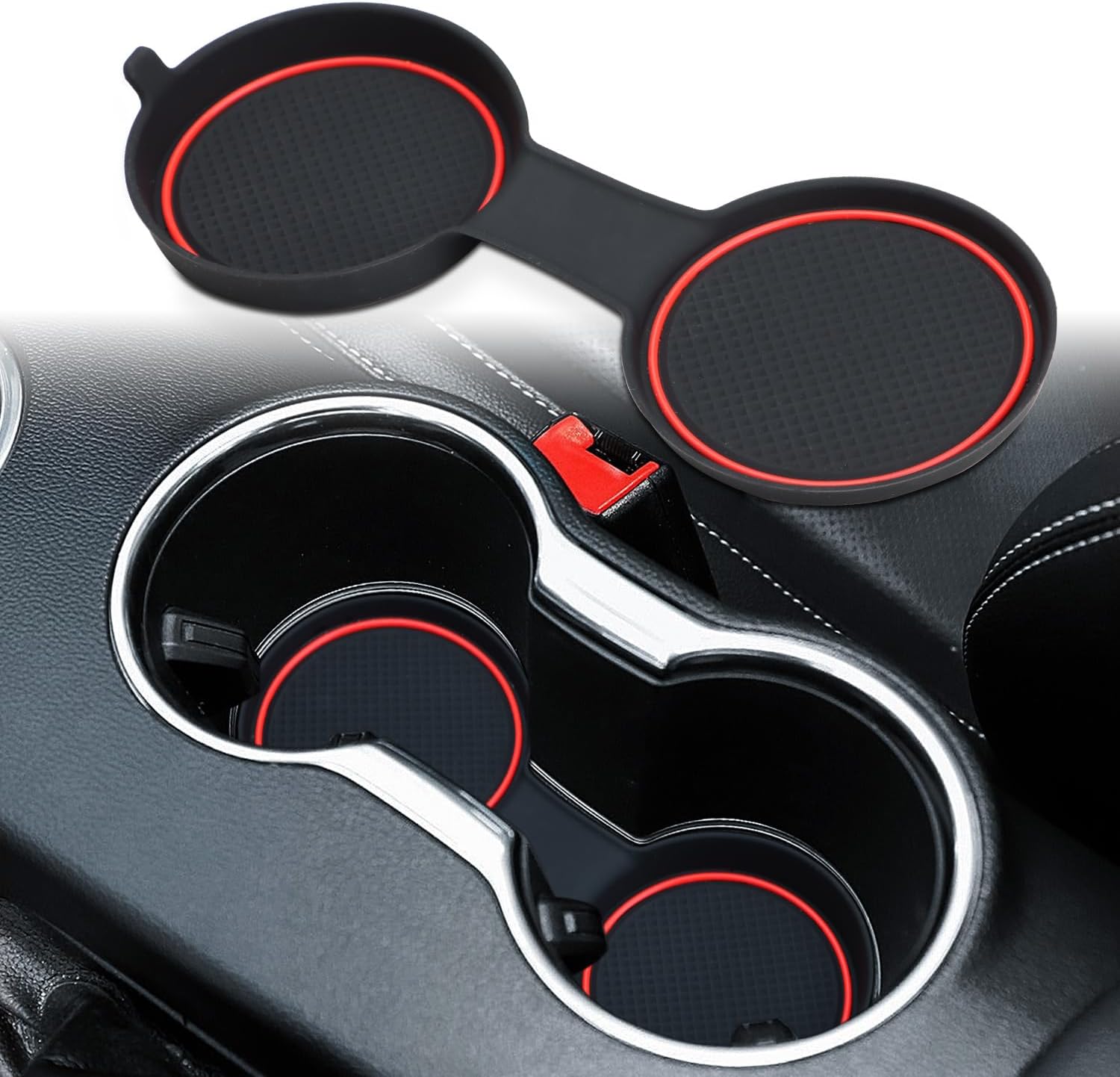 Auovo 3D Cup Holder Insert Coaster Compatible with Ford Mustang Accessories 2015-2023 Silicone Cup Mat Pad Liner Replacement Interior Decoration (Red Trim, 1-pc)