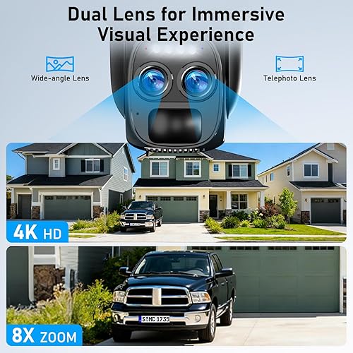 Miniatura 3 de Cámara de seguridad solar inalámbrica 8X Zoom 4K para exteriores, WiFi de 5 GHz2.4 GHz, cámara PTZ de 360  para el hogar con doble lente,