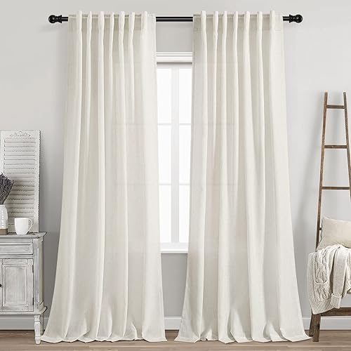 Cortinas de lino natural color crema de 90 pulgadas de largo, juego de 2 paneles para sala de estar, bolsillo para barra, pestaña trasera, cortinas
