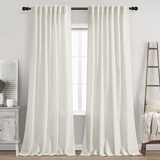 Cream Linen Back Tab Curtains 84 Inch Length for Living Room 2 Panel Set Neutral Modern Farmhouse Window Privacy Semi Sheer Linen Drapes Rustic Pinch Pleated Look Curtain Natural Ivory Colored