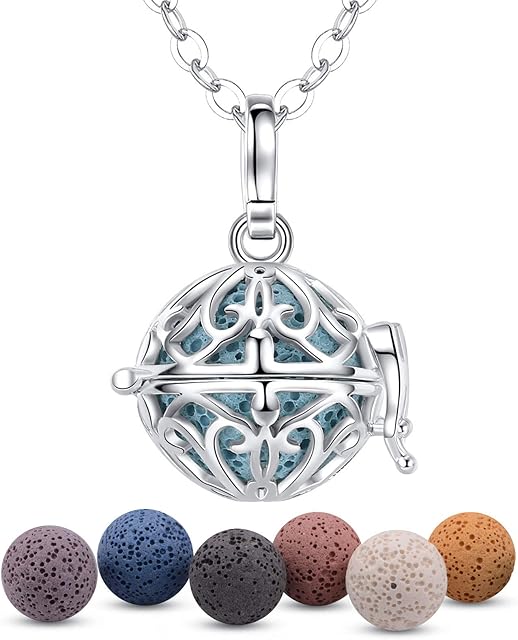 INFUSEU Aromatherapy Aroma Diffuser Chain, Heart Shaped Silver Plated Women Fragrance Stone Necklace Classic Pendant Meditation Chain Mood Chain Lava Stone Diffuser Women Jewelry