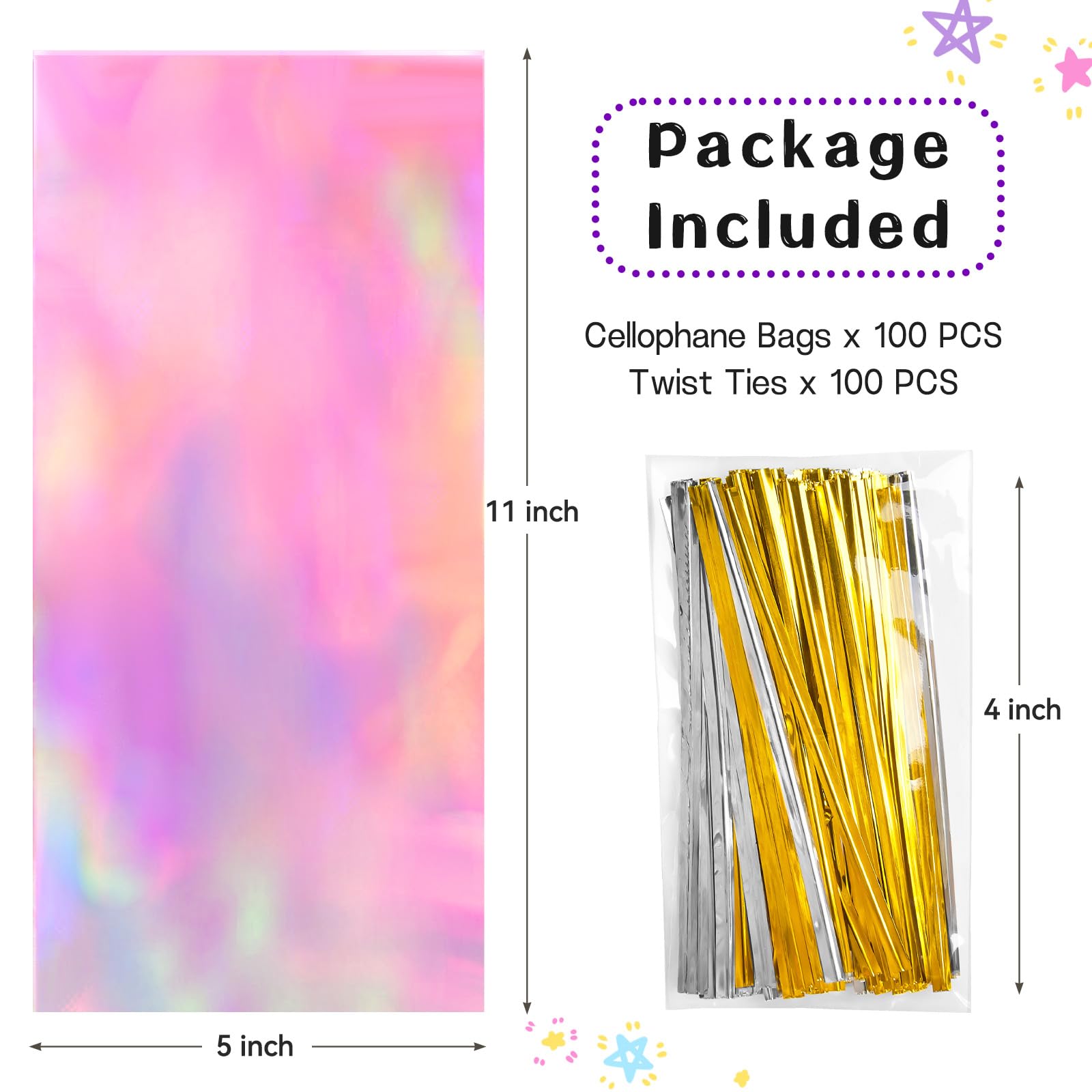 Ohuimrt 5x11 Inches Iridescent Cellophane Treat Bags with Ties, 100 PCS Small Plastic Holographic Goodie Bags for Candies, Snacks, Popcorn, Small Gifts and Party Favor