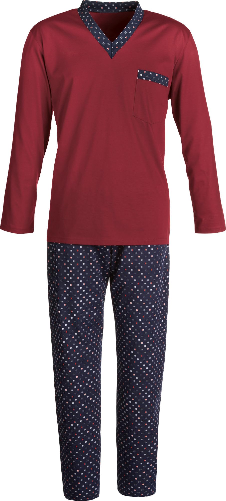 Erwin Müller Herren-Schlafanzug, Pyjama, Zweiteiler Single-Jersey - mit V-Ausschnitt und Brusttasche, Hose mit abgestepptem Gummibund, 100% Baumwolle Single-Jersey