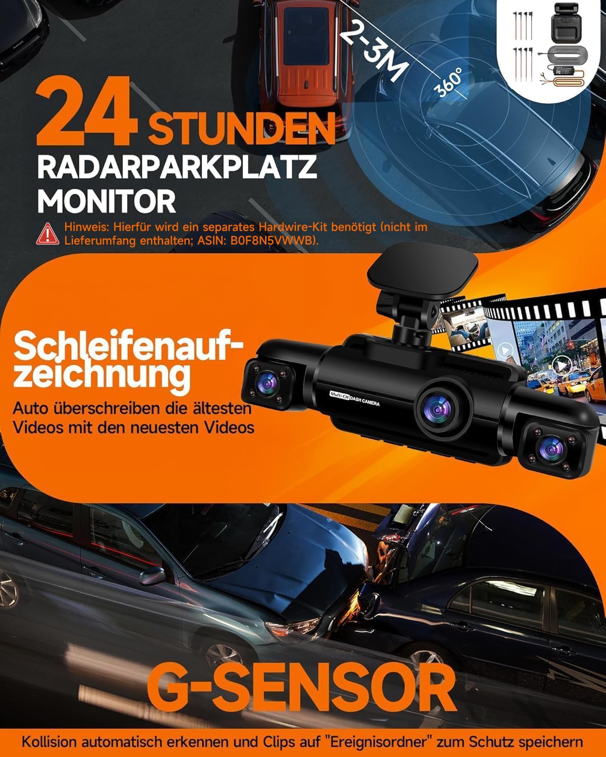 HUPEJOS 360° Dashcam Auto Vorne Hinten 4 Kanal Dash Cam Auto Kamera FHD 1080Px4,4×150° Weitwinkel,WDR-Nachtsicht (8 IR-LEDs), 3,18" IPS Display, G-Sensor,WiFi GPS,24/7 Parkmodus, 64GB SD-Karte