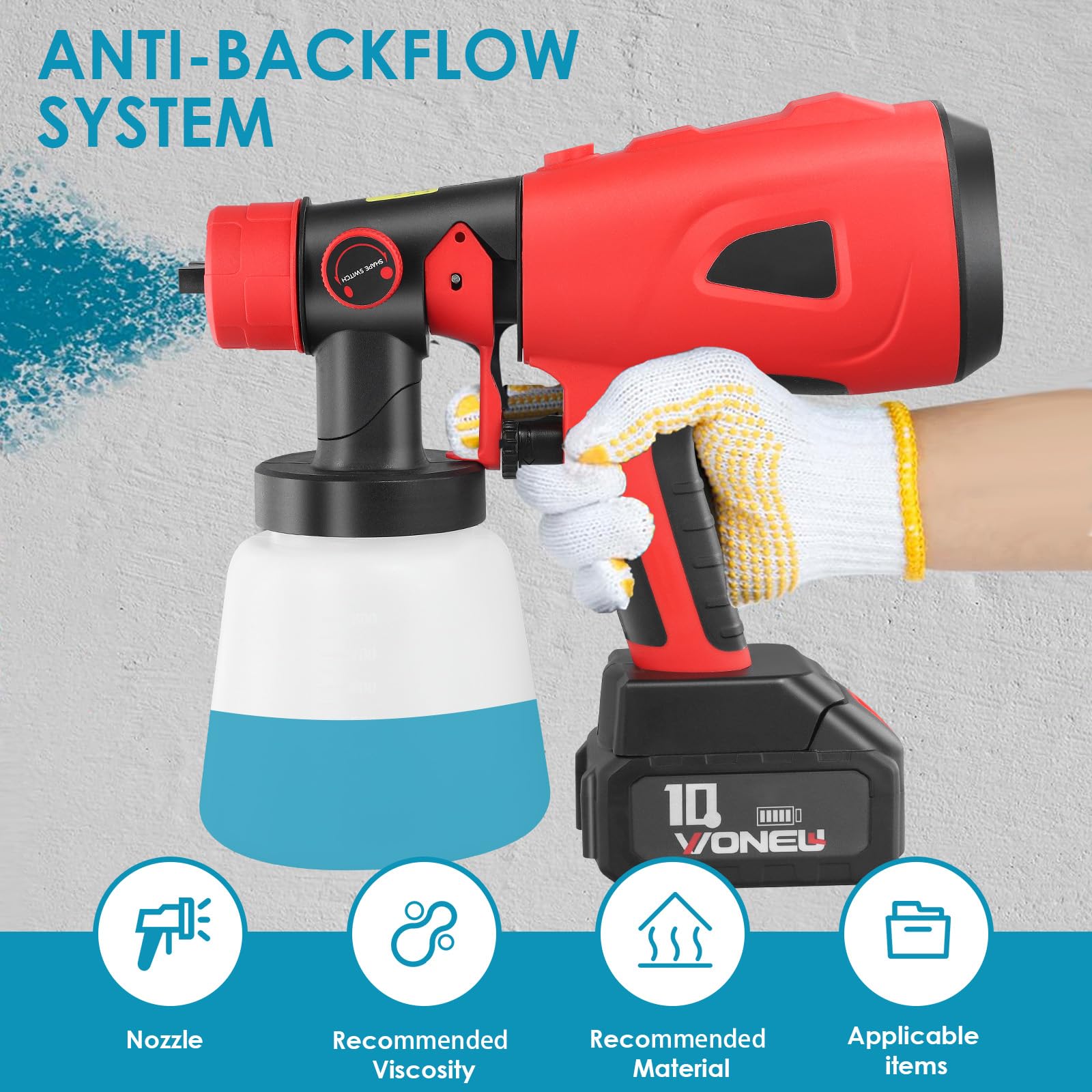 Pistola de pintura eléctrica HVLP 850W con tanque de agua de 800 ml, 5 boquillas, 2 baterías de litio 2600 mAh y cargador de 21 V, para casa, armarios, vallas, techo (rojo)