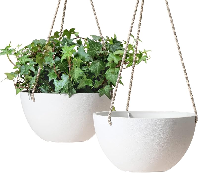 LA JOLIE MUSE Cestas colgantes para plantas de interior, juego de 2, 8 pulgadas | Cestas colgantes decorativas con orificios de drenaje, maceteros colgantes blancos moteados para ventanas, porches, balcones y patios