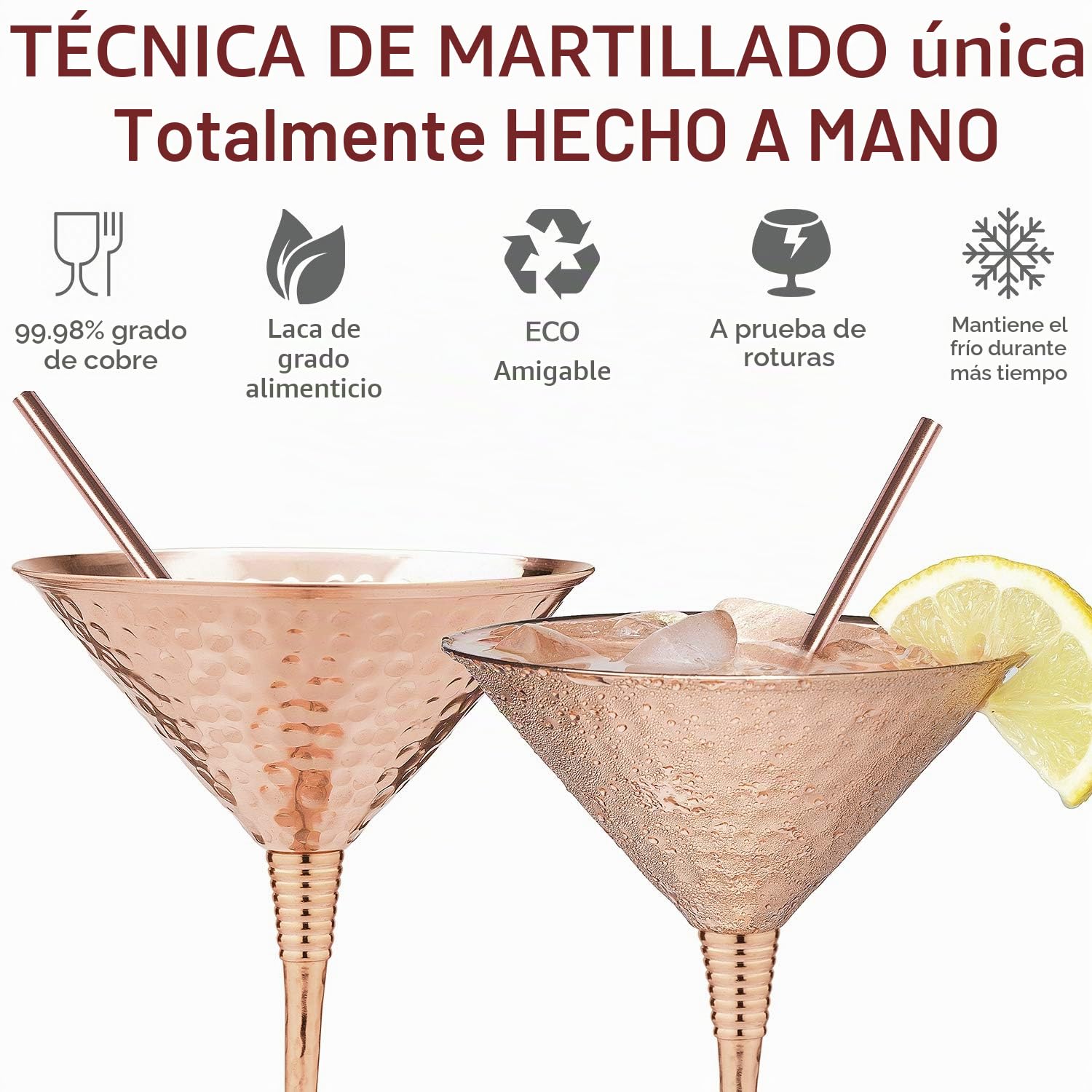 Set de 2 vasos de martini 280 ml martillados a mano con anillo reforzado y pajitas metálicas – Elegante regalo para cualquier ocasión