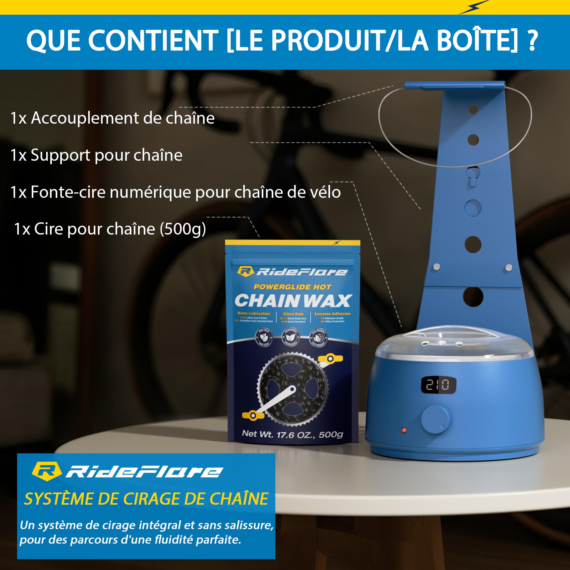 RideFlare Système Fusion Cire Chaîne Vélo – Sans Gâchis, Contrôle Température Précis, Cire Ultra-Glisse pour Transmission Silencieuse & Propre.