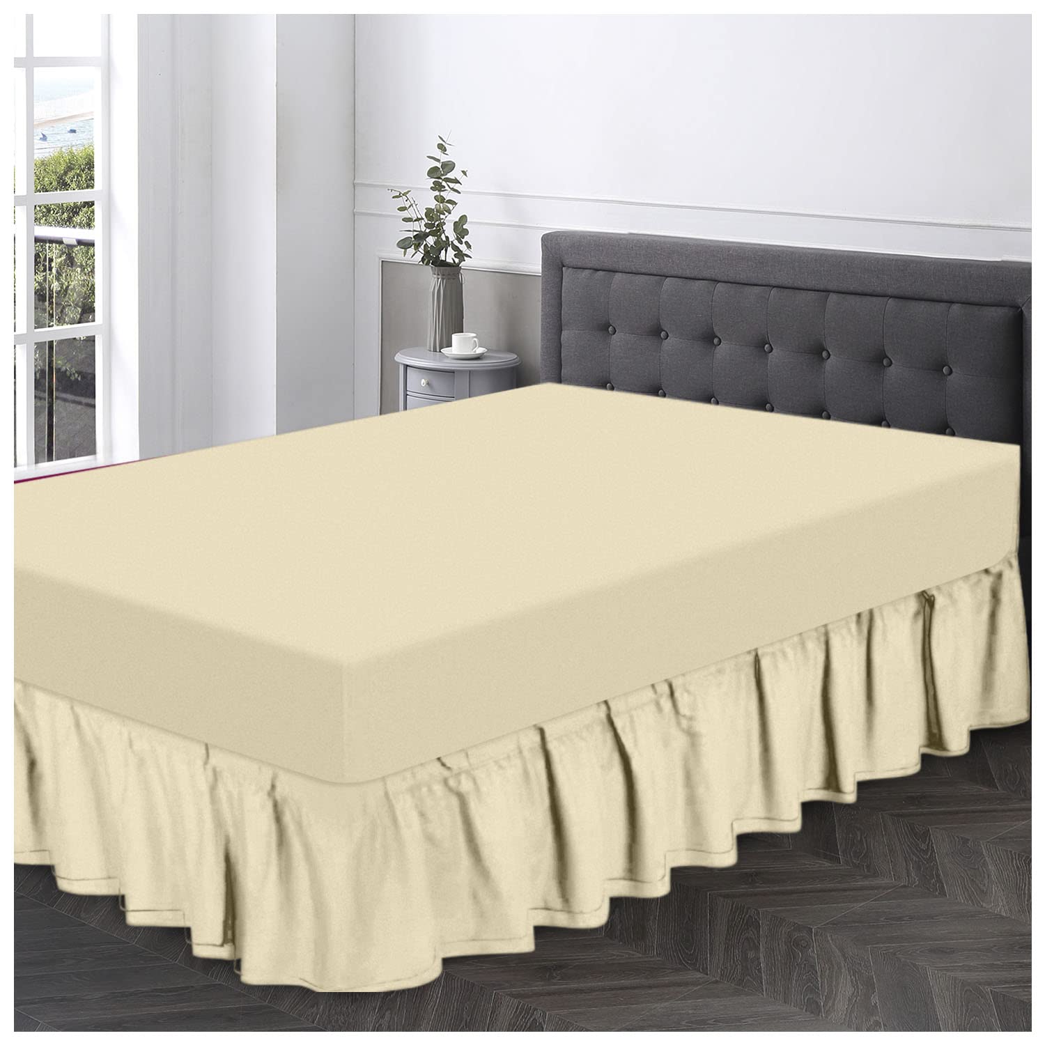 Gc Gaveno Cavailia Cream Luxurious Valance Sheets King Size, Soft & Comfy Non Iron Polycotton Plain Bedsheet, Percale Frill Bedding,