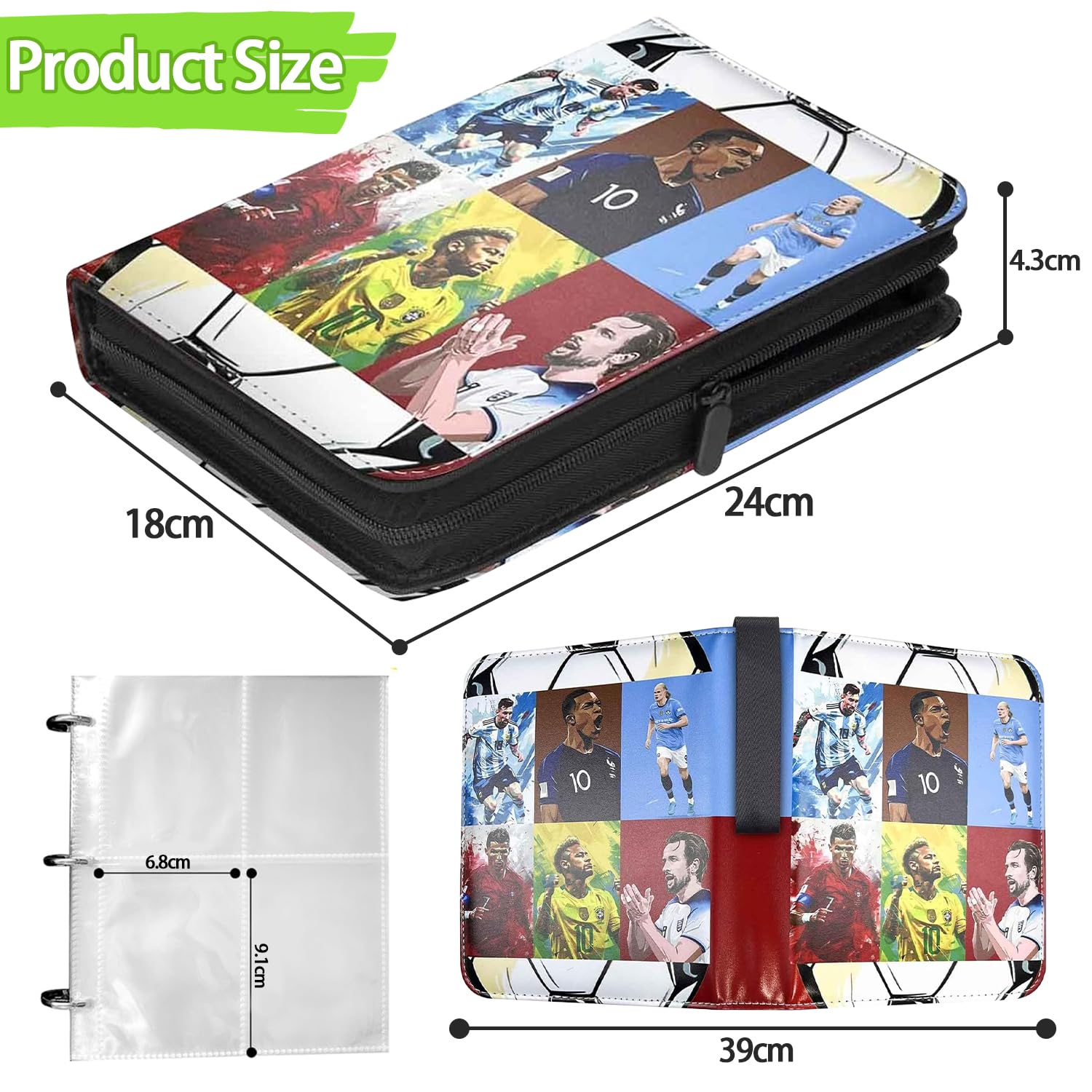 Álbum De Fútbol Con Cremallera – 50 Páginas Y 4 Compartimentos | Cabe Hasta 400 Tarjetas Deportivas | Funda De Cuero PU Impermeable Con Asa Portátil