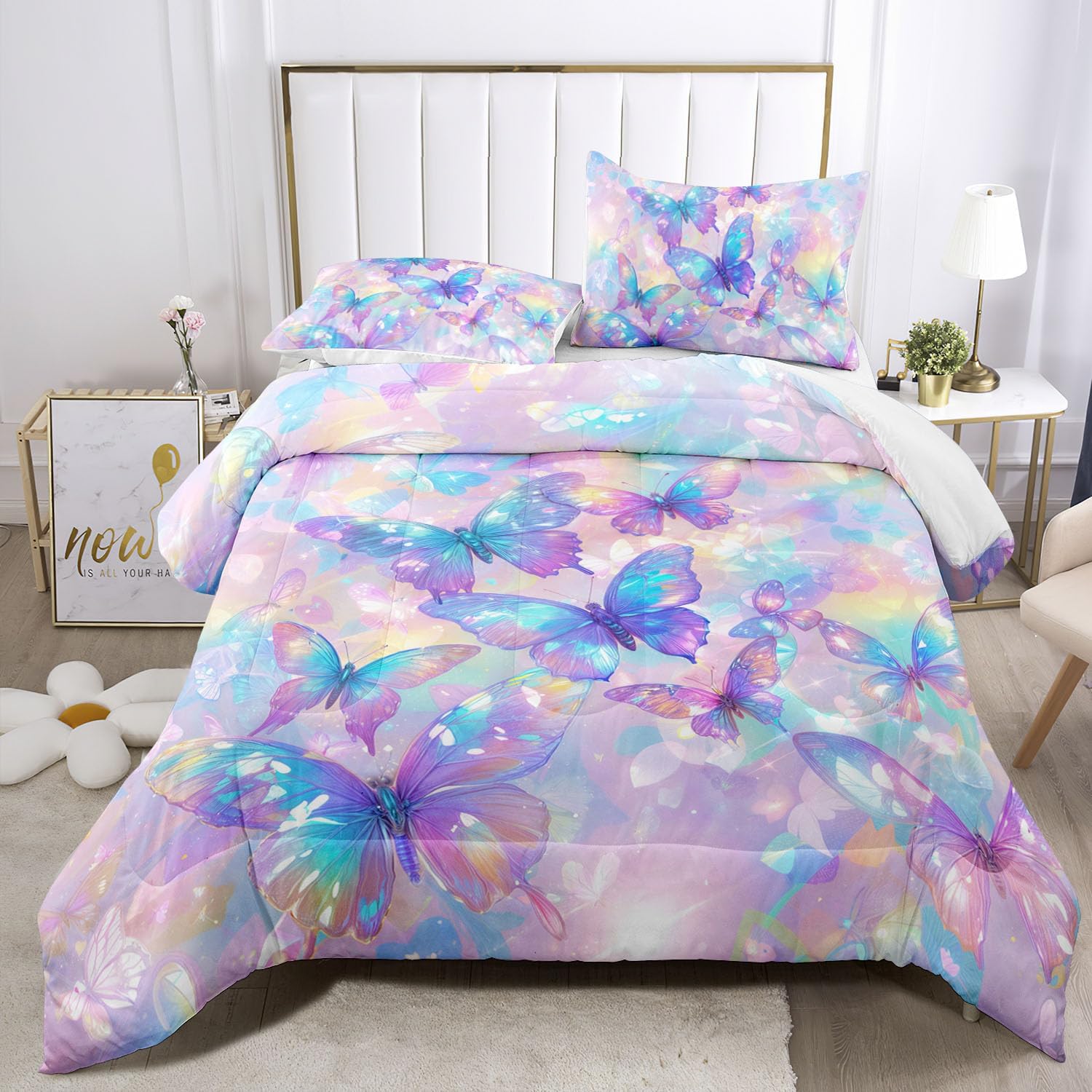 Raphus Cucullatus Pink Butterfly Comforter, Kawaii Queen Size Botanical Bedding