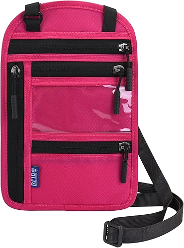 Surblue Cartera de cuello con bloqueo RFID, soporte para pasaporte de viaje, bolsa para el cuello, tarjetero de vacunación para mujeres y hombres,