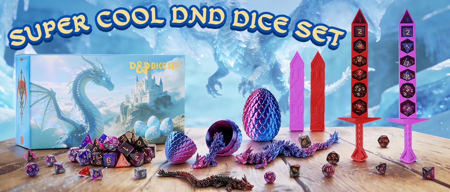 DND Dice Set and 3D Printed Dragon Eggs with Dragon Inside, Easter Basket Stuffers,Fidget Toys,Surprise Dragon Egg and Polyhedral Dice Set with Gift Box Suitable for Dungeons and Dragons RPG